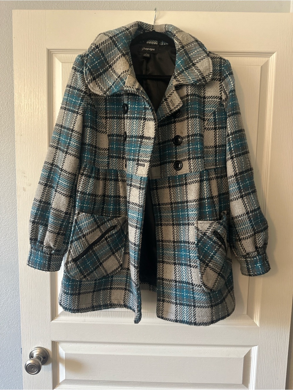 Papaya Teal and Cream Plaid Pea Coat